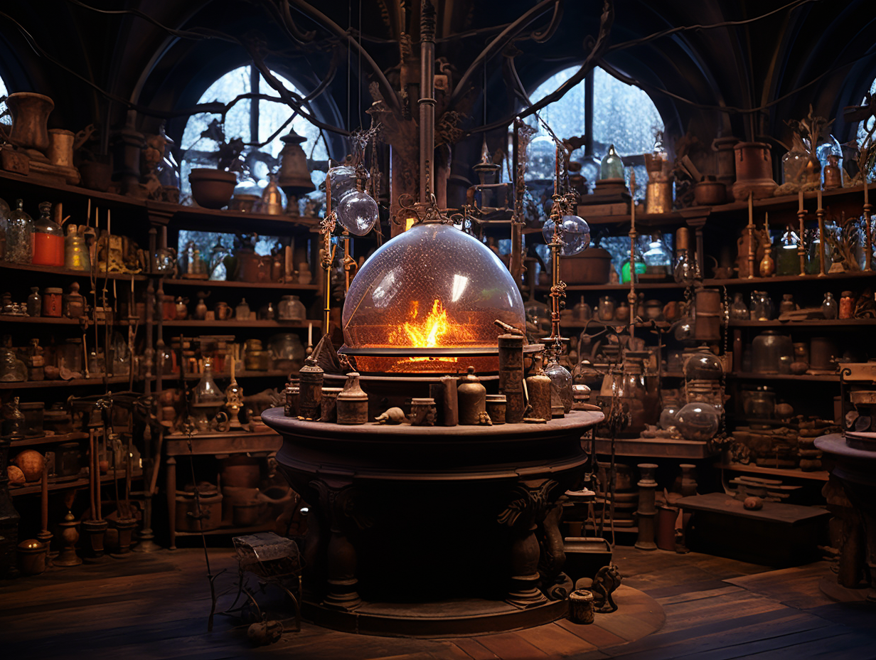 Alchemist's Atelier with Bookshelfs and Laboratory Equipment