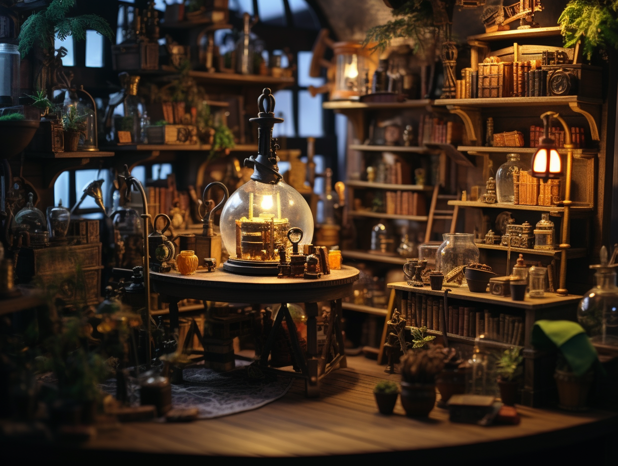 Alchemist's Atelier Bookshelf with Lab Equipment