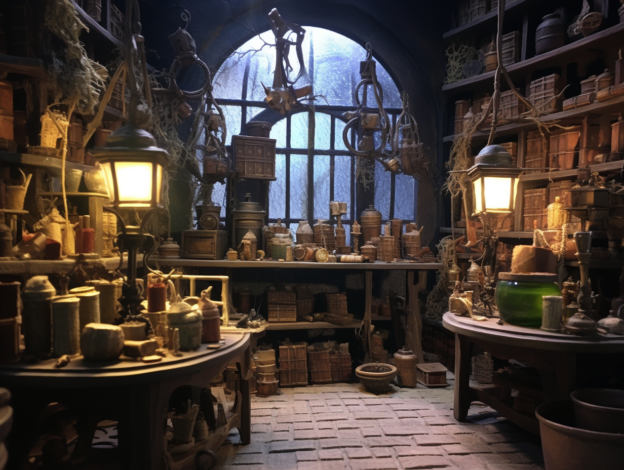 Alchemist's Atelier with Bookshelfs and Laboratory Equipment