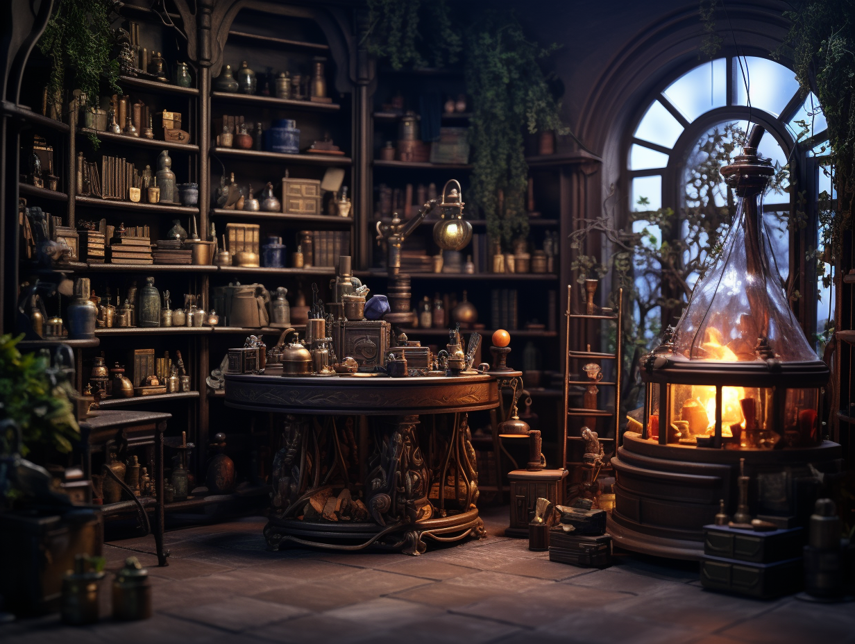 Inside view of alchemist's atelier with bookshelfs and laboratory equipment