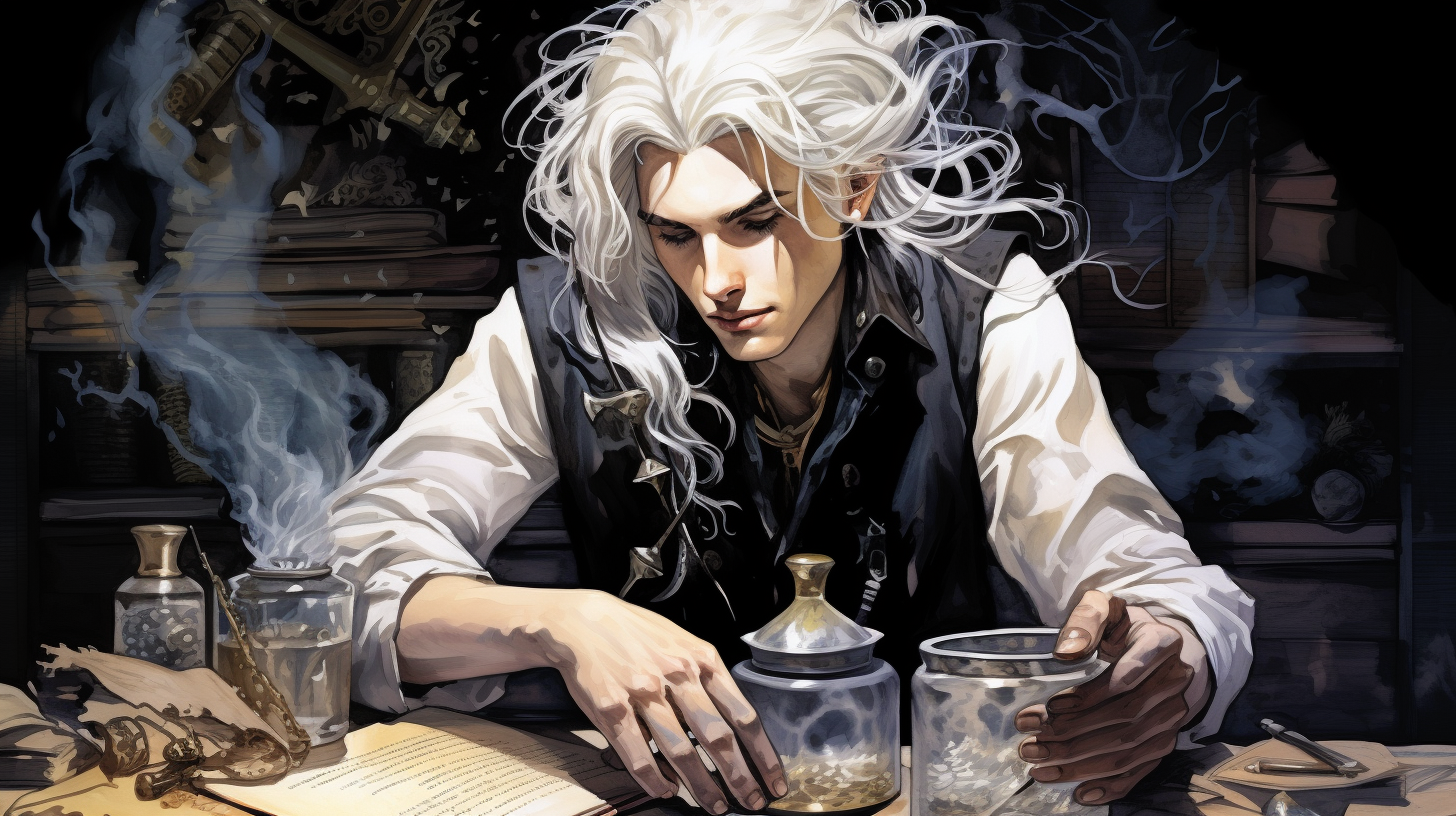 White-haired young man practicing alchemy