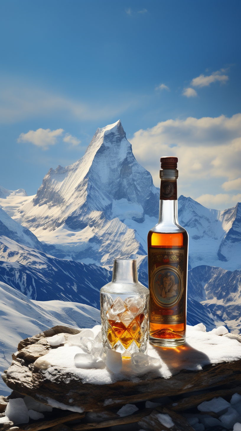 Bottle of alcohol and cups in snow mountains