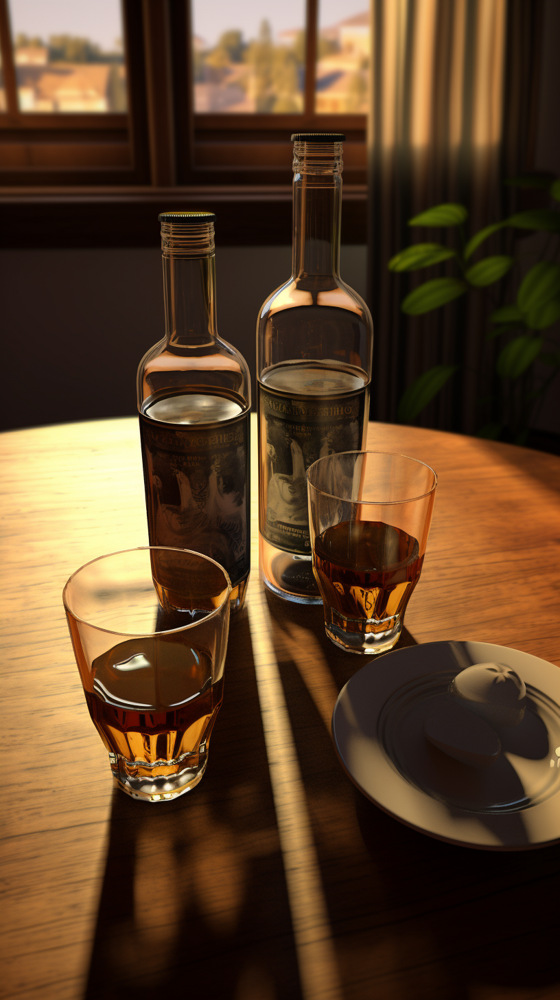 Realistic image of alcohol and cups on a dining table