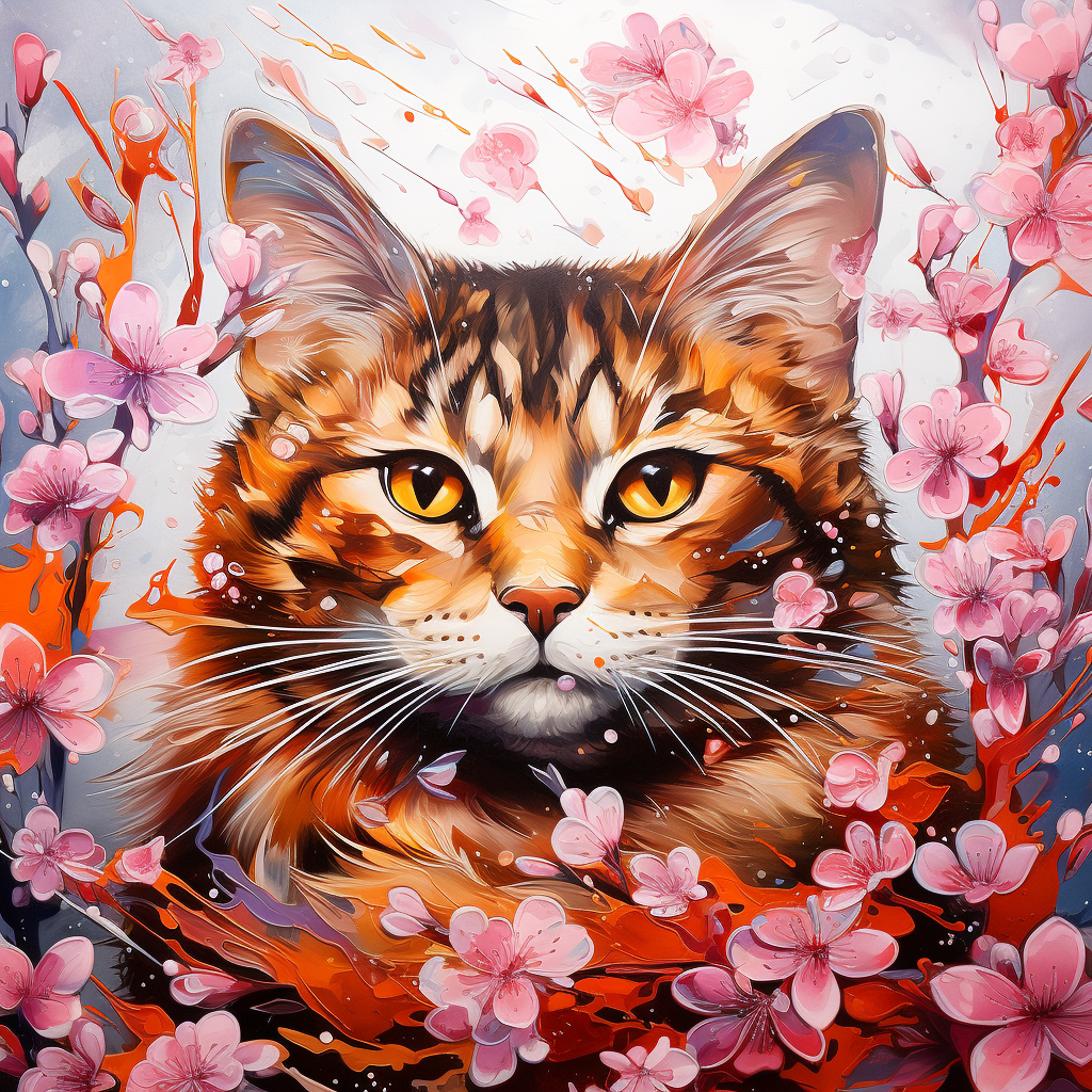 Detailed and vibrant alcohol ink illustration of a Mandarin duck, cat, and cherry blossom.