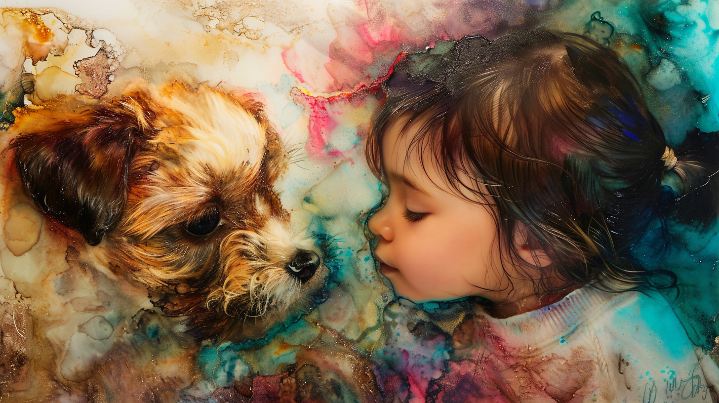 Colorful alcohol inks with girl and puppy