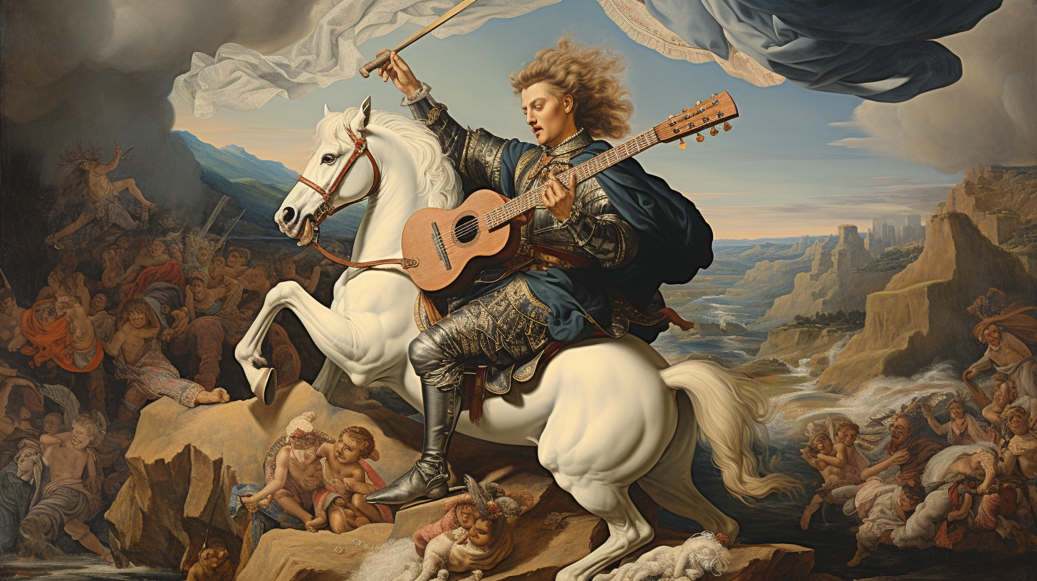 Renowned painting of Alexander the Great leading his army into battle with guitar in hand