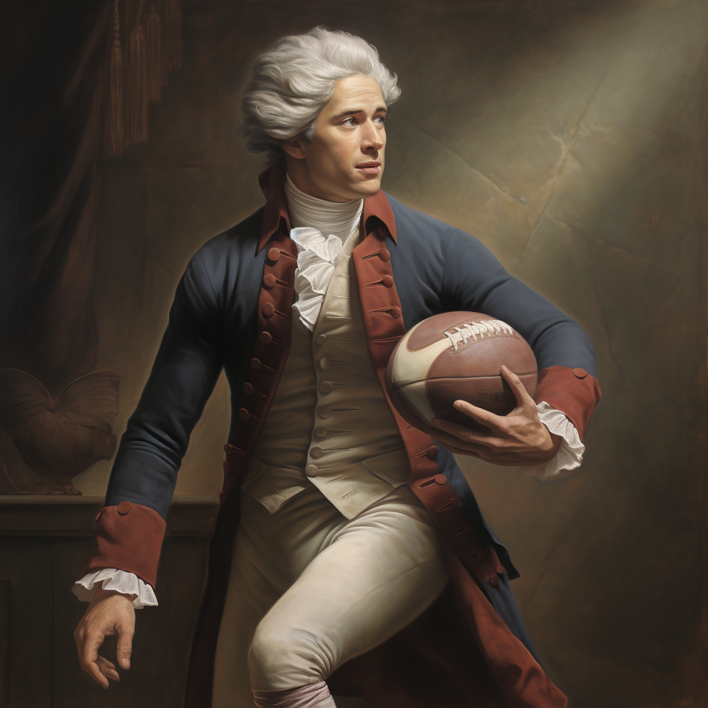 Hyperrealistic image of Alexander Hamilton playing rugby