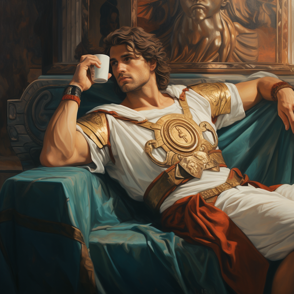 Alexander the Great drinking coffee in modern clothes