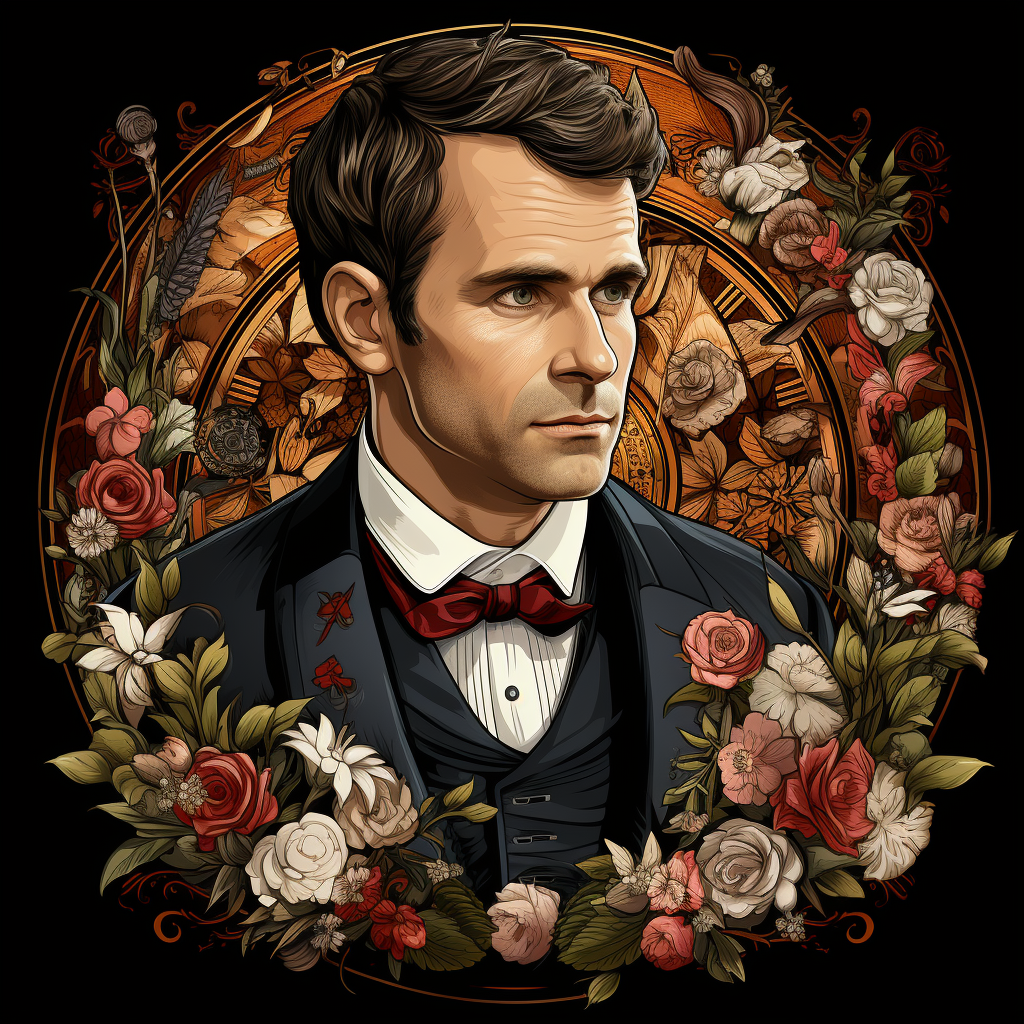 Alfons Mucha Style Illustrative Logo of Emmanuel Macron