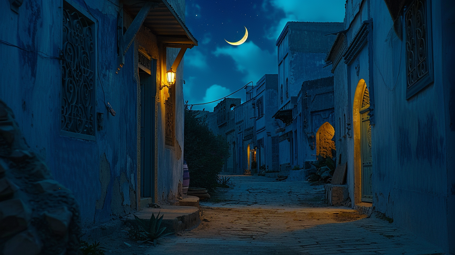 Moon over Algerian street at night