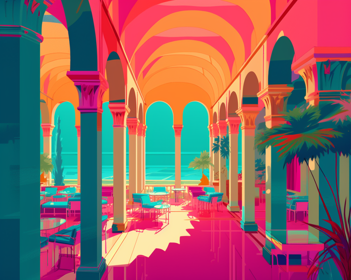 Colorful Alhambra Cafe Colonnade Illustration