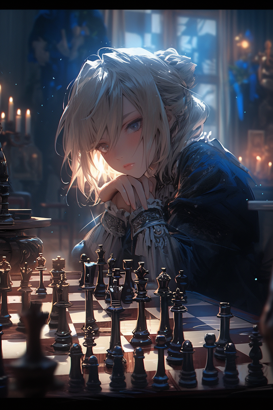 Alice thinking on a giant chessboard artwork