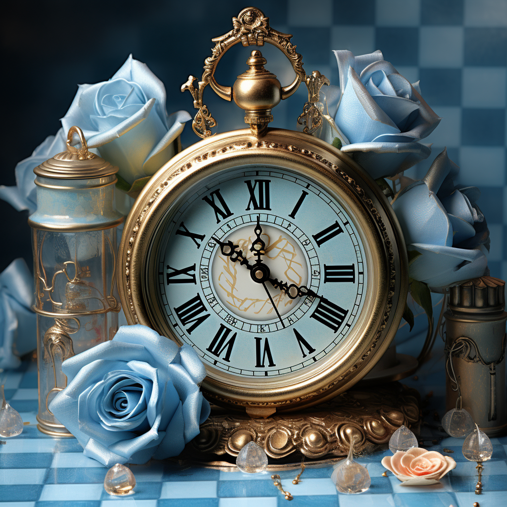 Alice in Wonderland with Blue Checkered and Gold Clocks