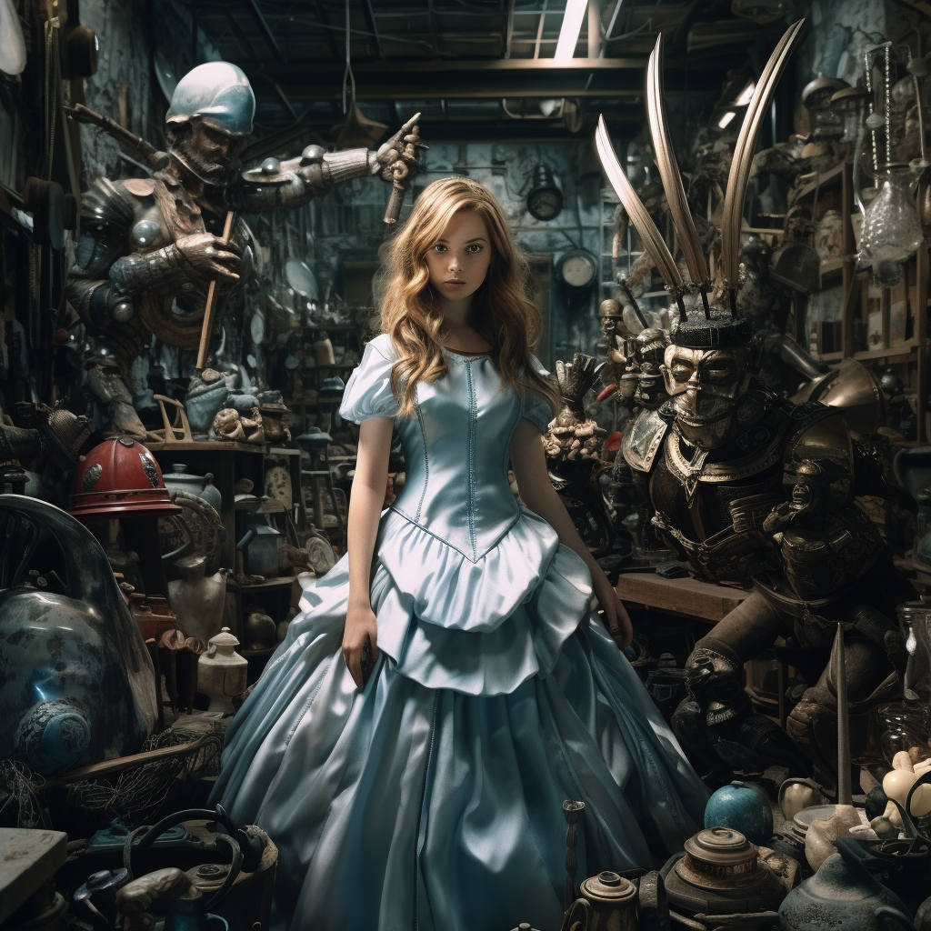 Alice in Wonderland surrounded by engine parts