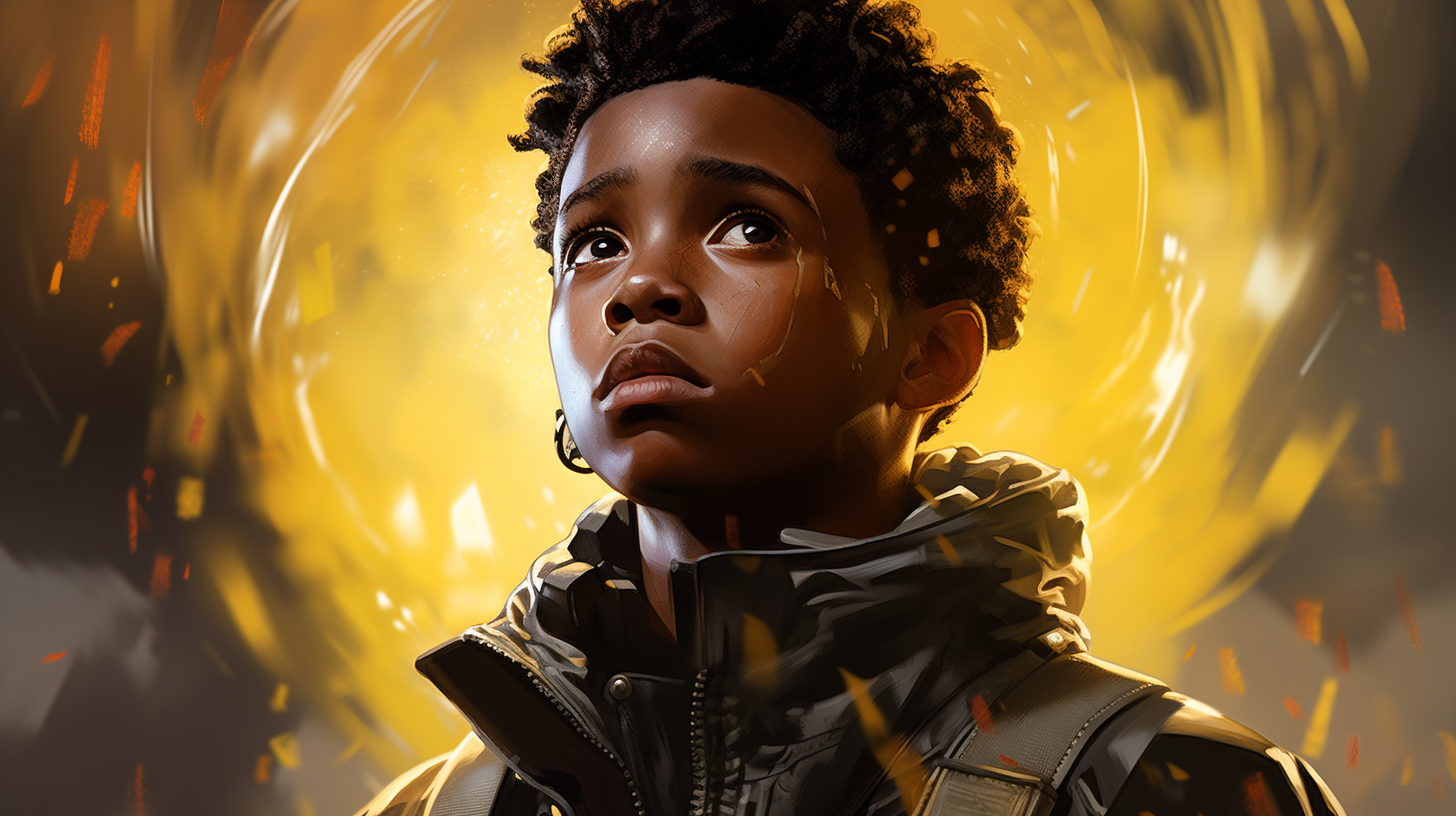 Illustration of a black boy in Weyland-Yutani colon