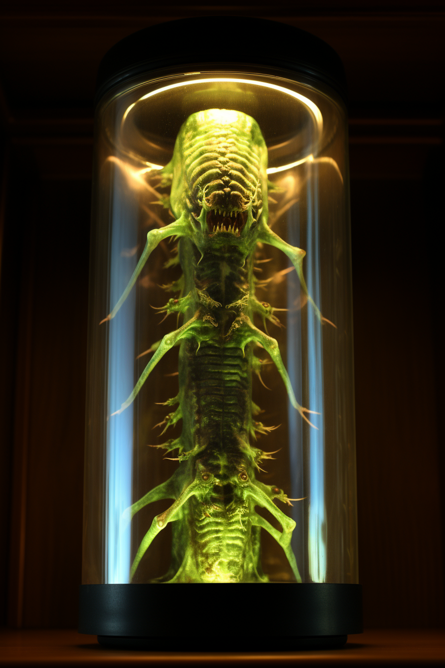 Alien creature in glass container illuminated by ambient light