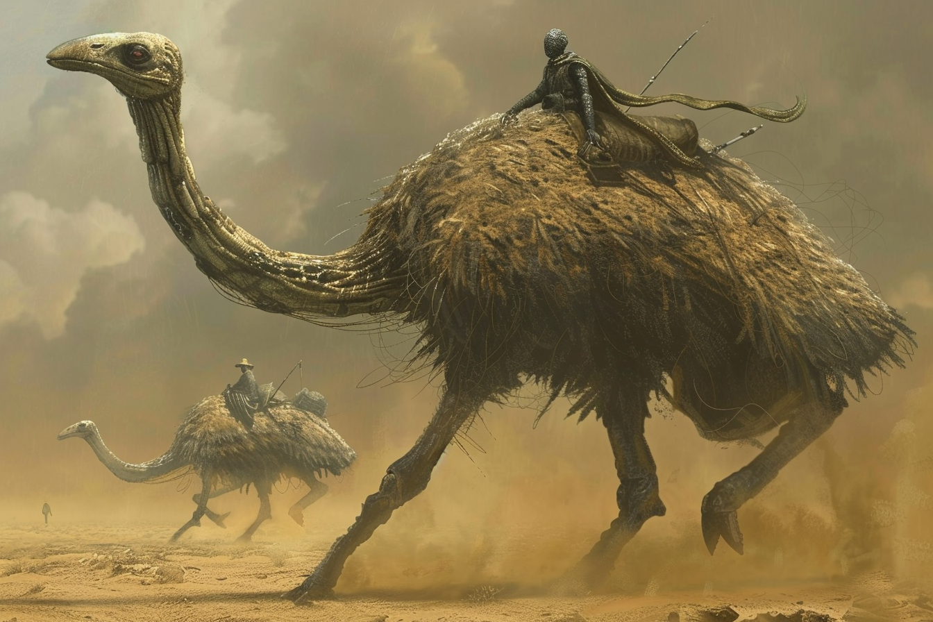 Alien creature riding ostrich