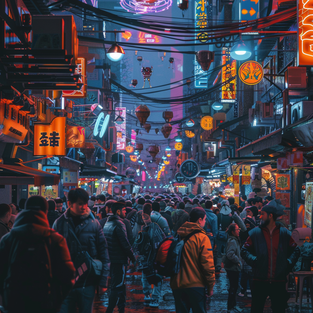 Crowded Street on Alien Cyberpunk Planet