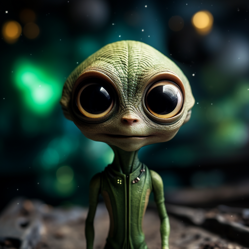 Green alien with big eyes in space