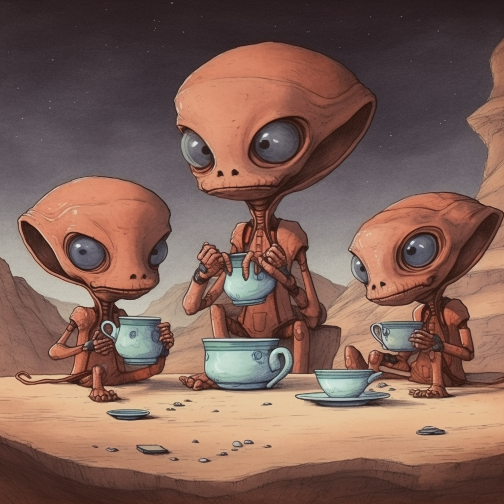 Alien family enjoying tea on Mars