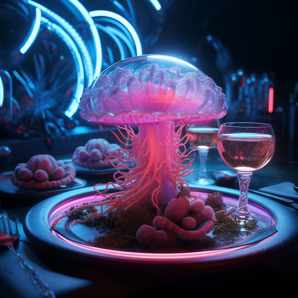 Alien Food with Luxurious Presentation under Neon Light