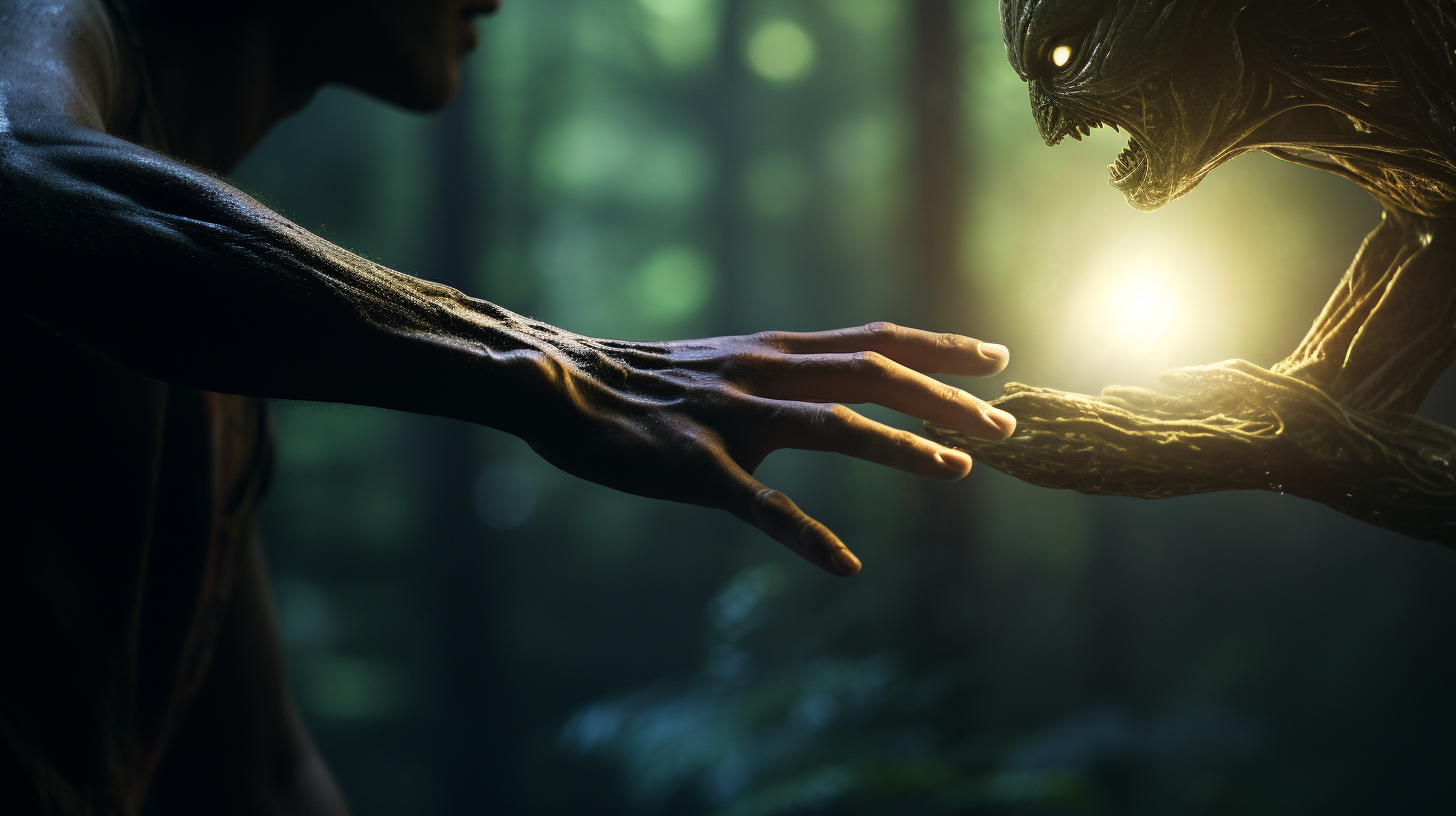 Close-up of Alien Hand grabbing Human hand