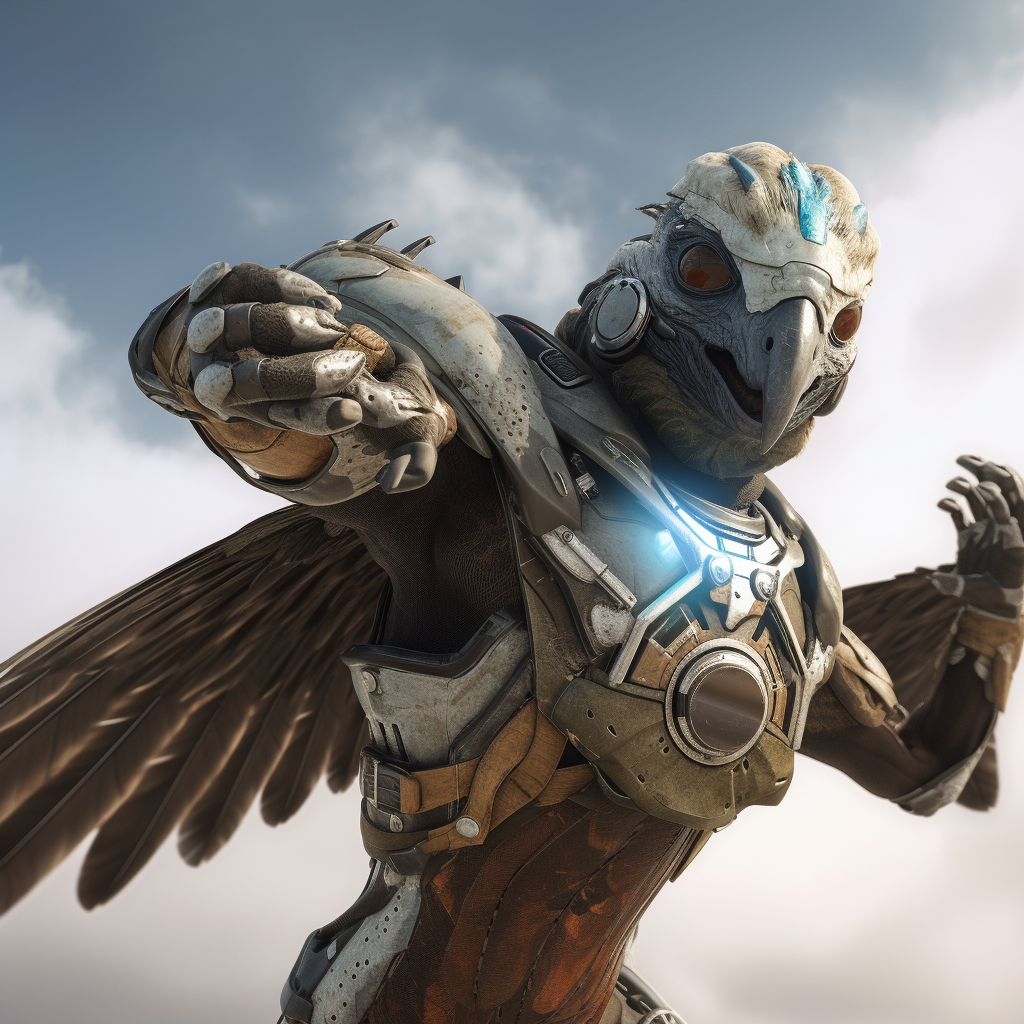 Anthropomorphic alien hawk in sci-fi armor with energy pistol