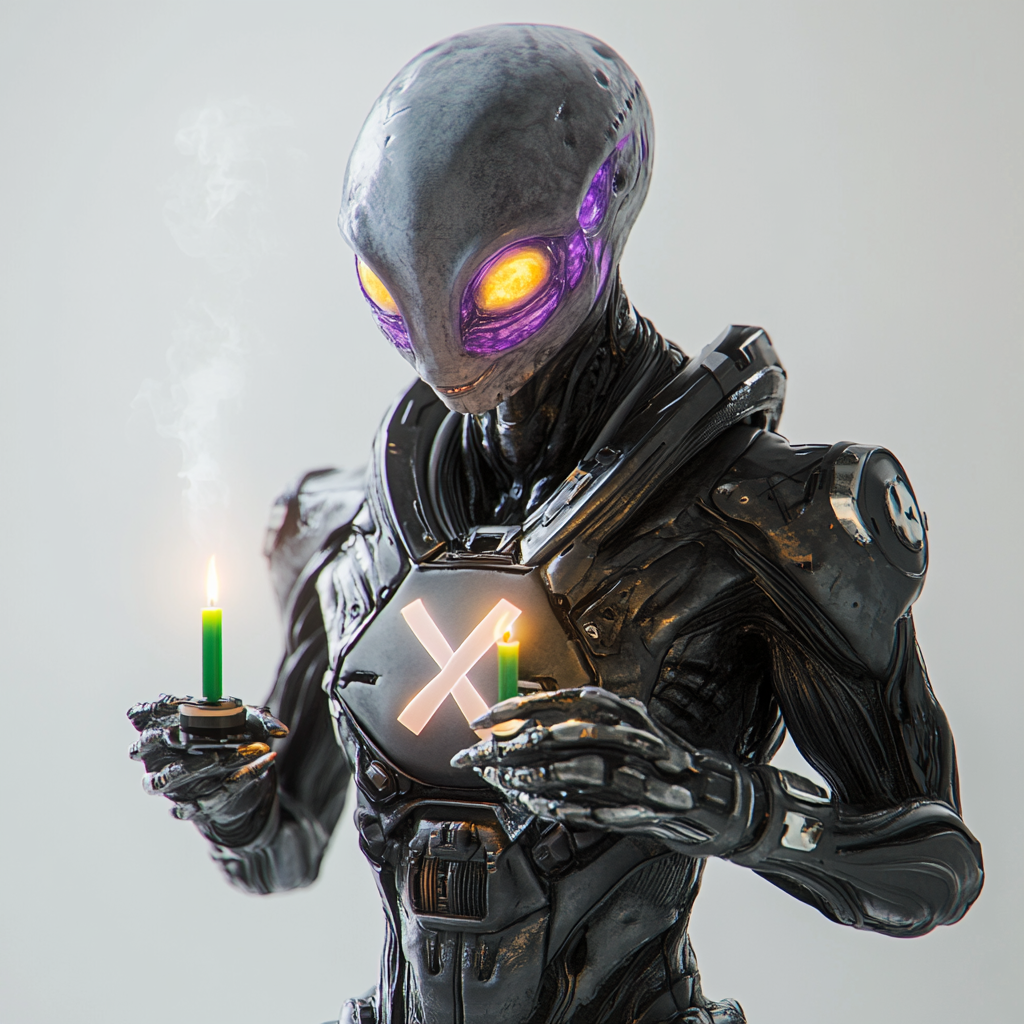 alien in armor lighting green candles, realistic white background.