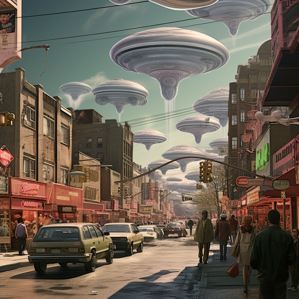 Hyperrealistic alien invasion streetscape image