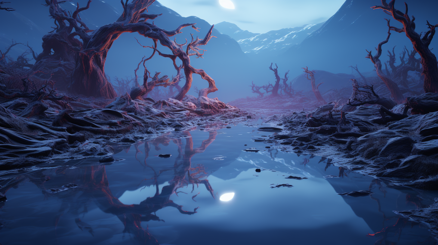 Hyperrealistic alien landscape with cold and ghostly ambiance