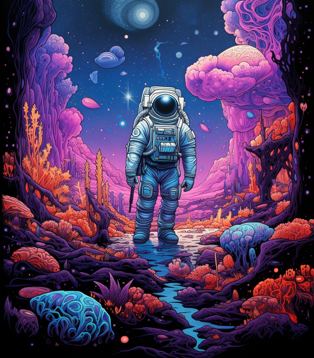 Astronaut exploring surreal alien landscape