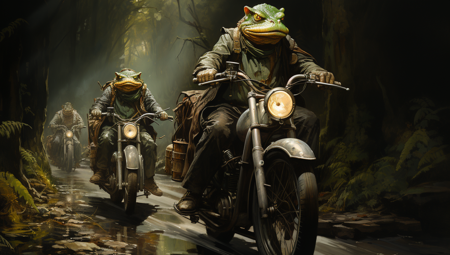 Green alien lizard creatures riding steampunk motorcycles