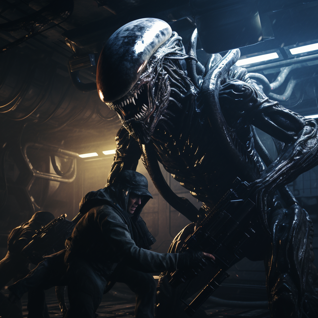 Xenomorph standing behind roughneck on space freighter