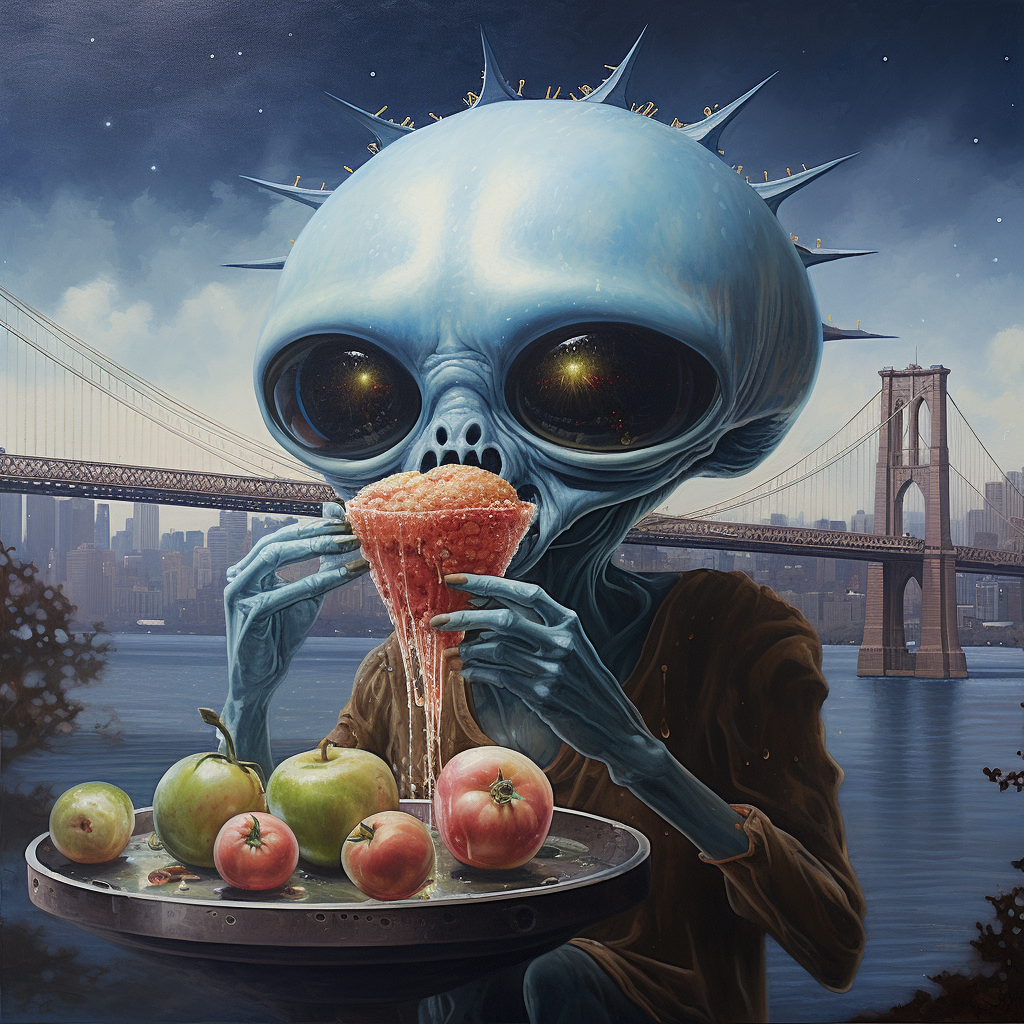 Alien with Mushroom Head Eating Apple on Spaceship Bridge