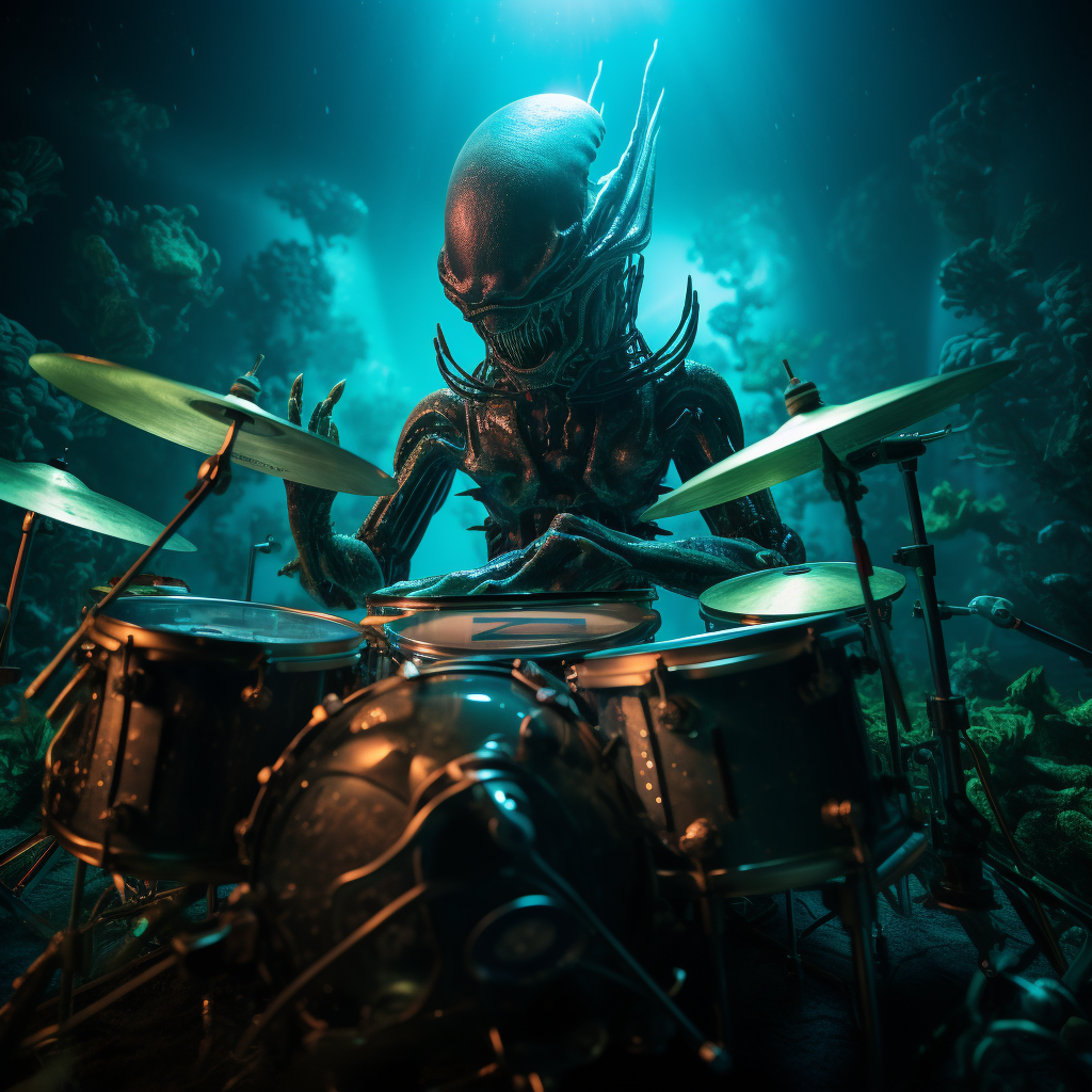 Alien playing drum set underwater