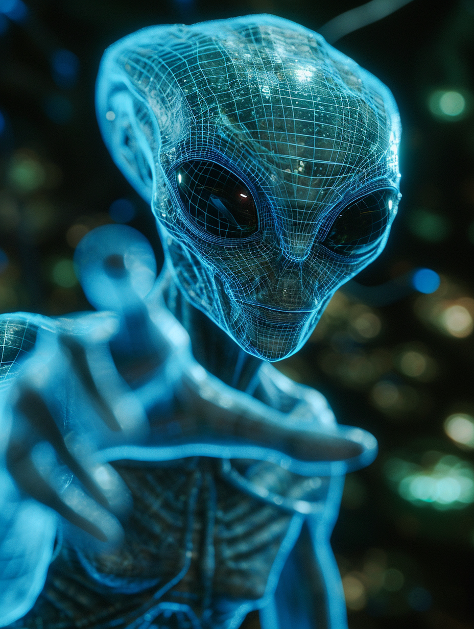 Alien pointing hologram wireframe photo realistic