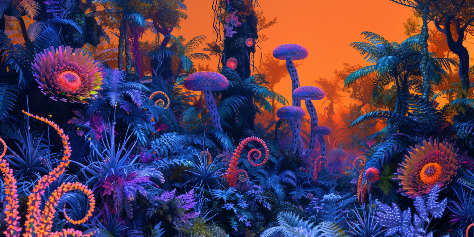 Contaminated Alien Rainforest with Bioluminiscent Flora