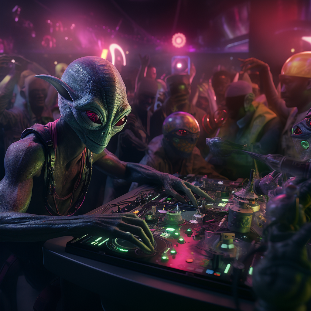 Cute aliens DJing at a rave party