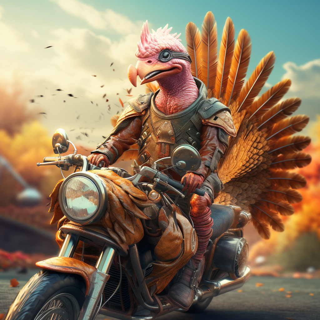 Alien riding Thanksgiving turkey motorcycle