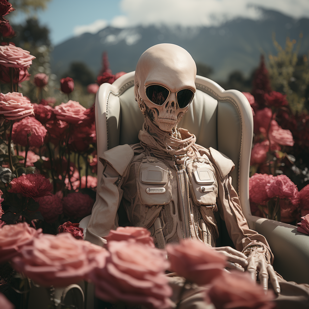 Alien sitting on top of coffin in flower field