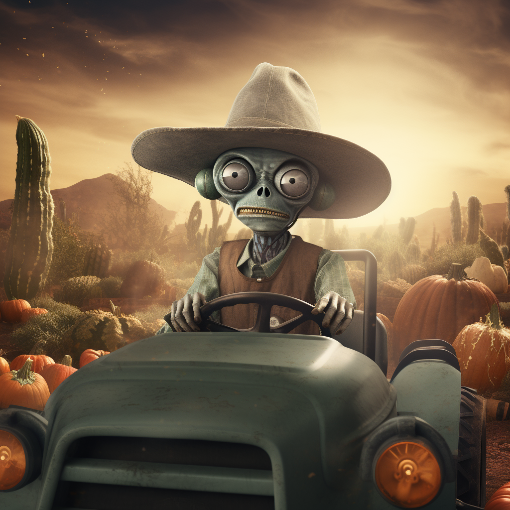 Funny gray alien in sombrero driving tractor