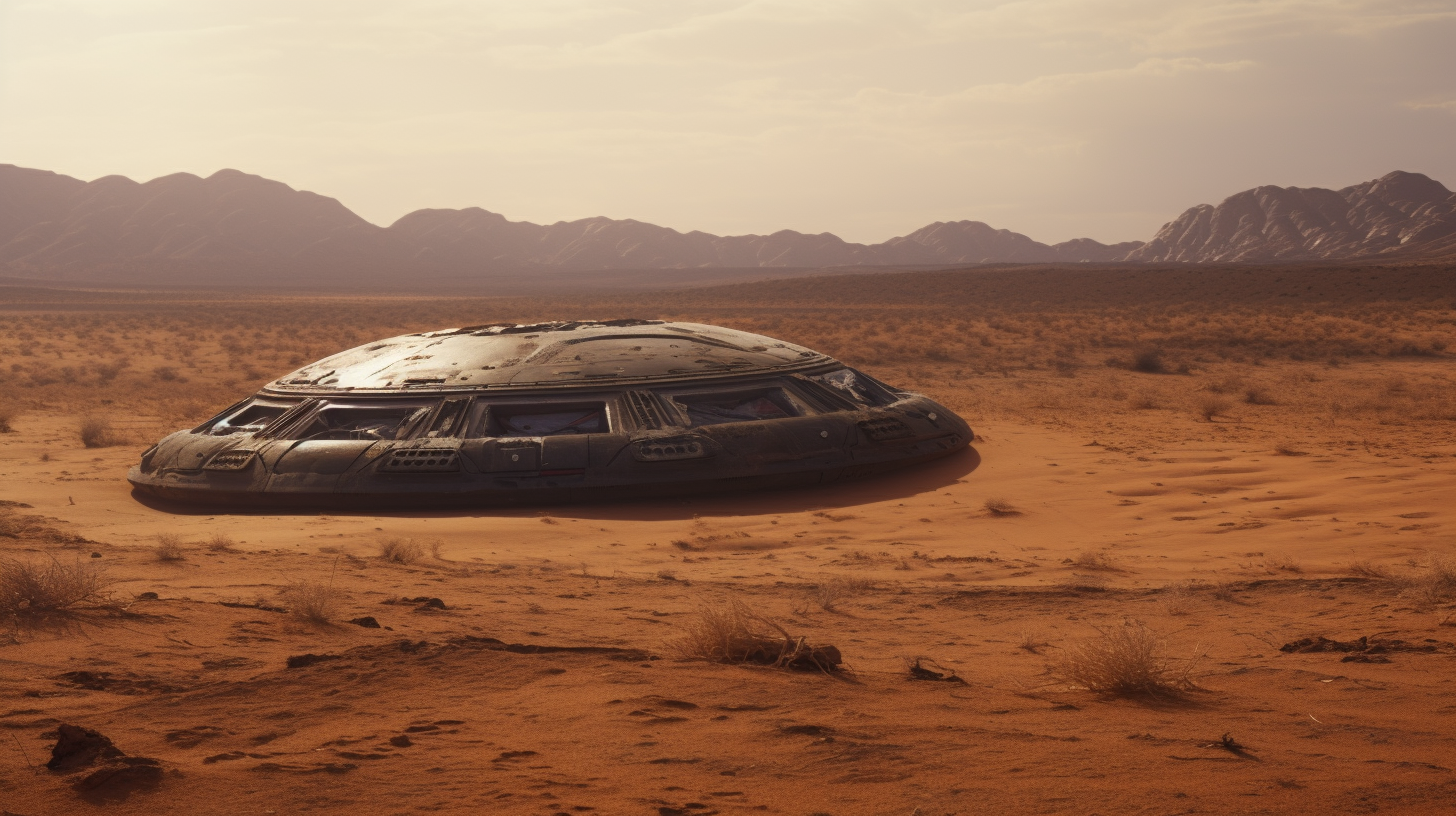 Hyper-realistic image of alien spacecraft in desert