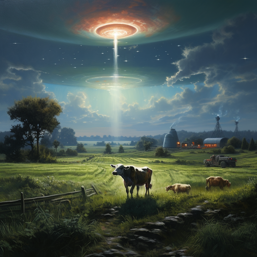 Alien spaceship lifting cow