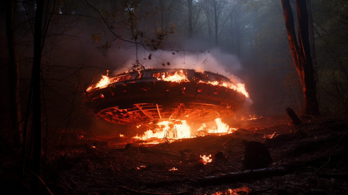 Alien spaceship crashed in woods with flames burning