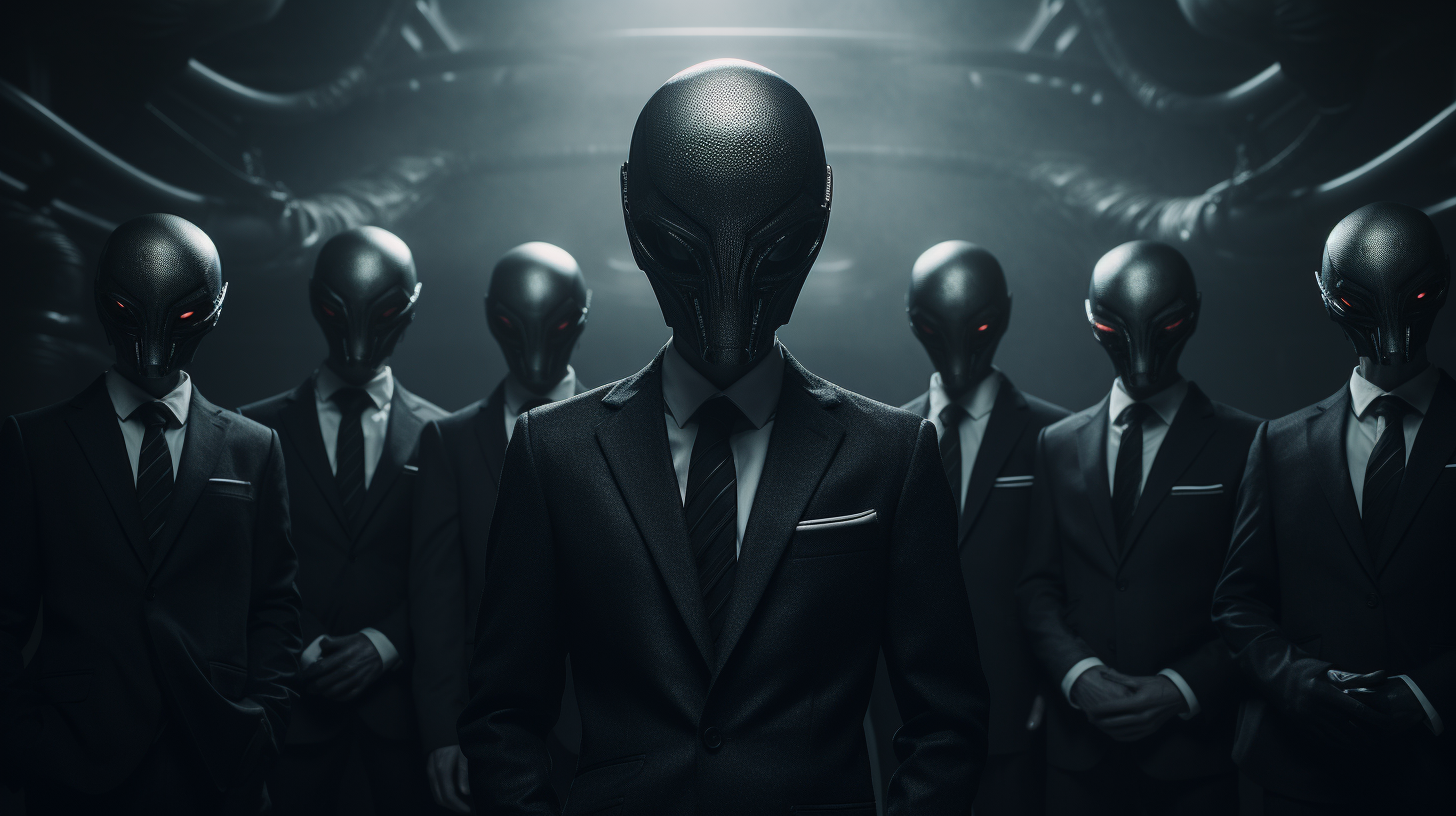 Group of aliens in suits in a dystopian cyberpunk setting