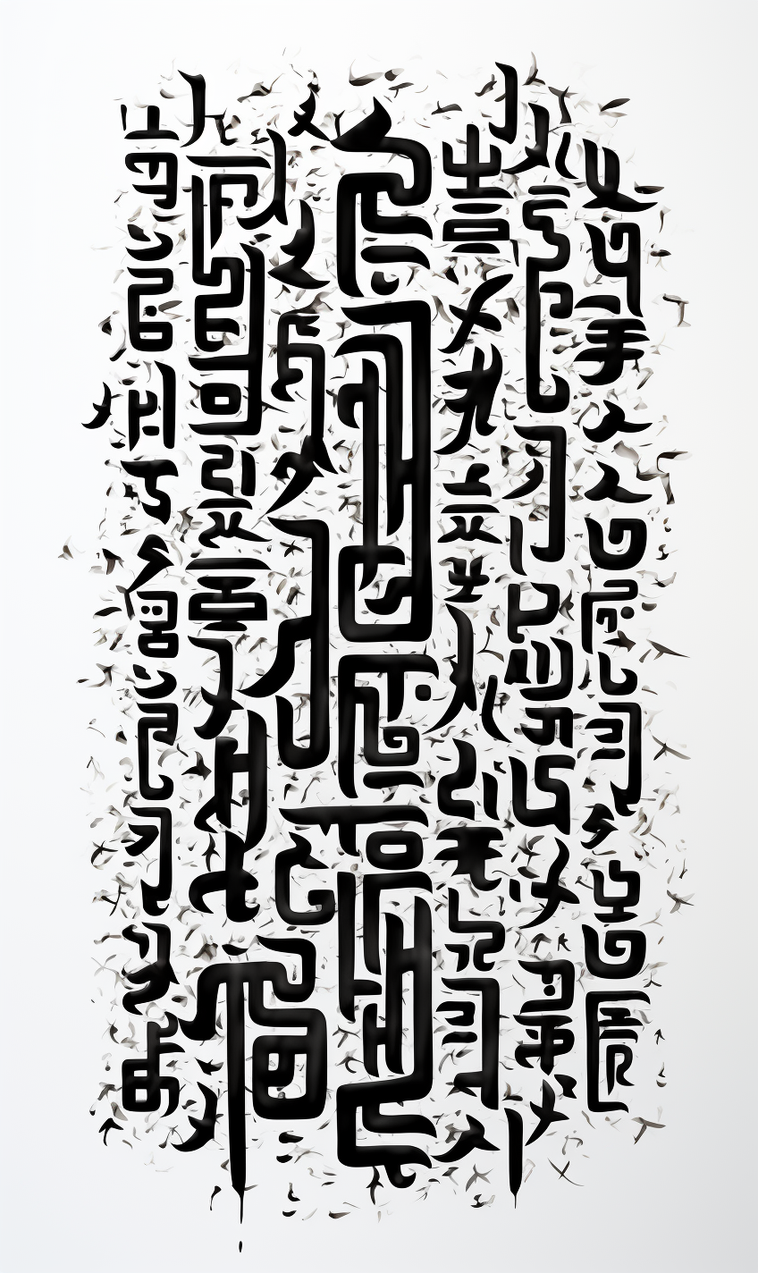 Black script on a white background with alien Tibetan Kufic runic letters