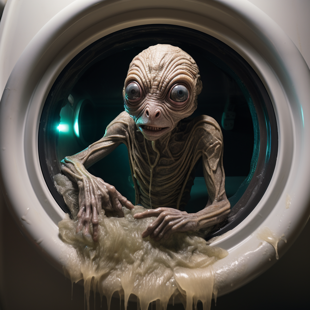 Gray alien riding a washing machine-shaped UFO