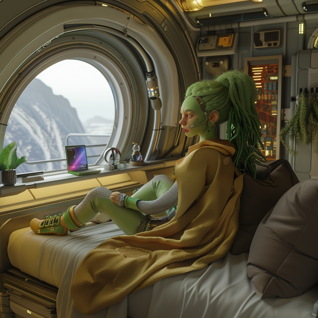 Green-haired alien in spaceship