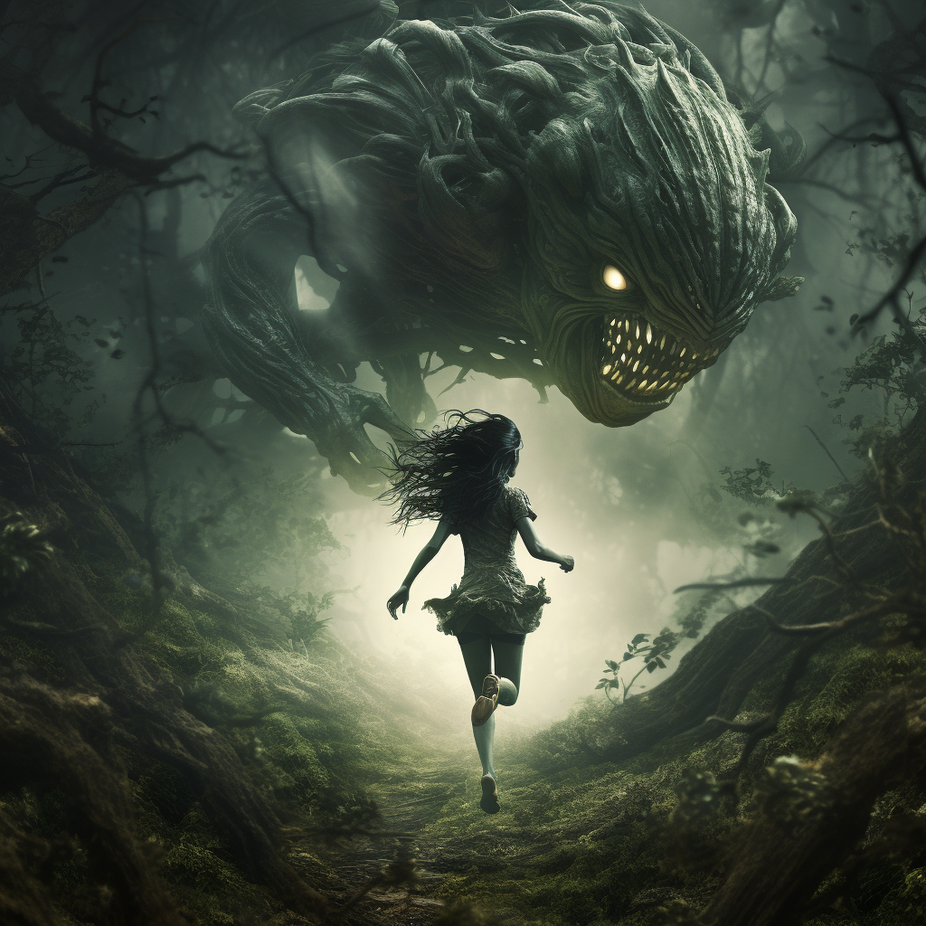 Alien woman running in forest