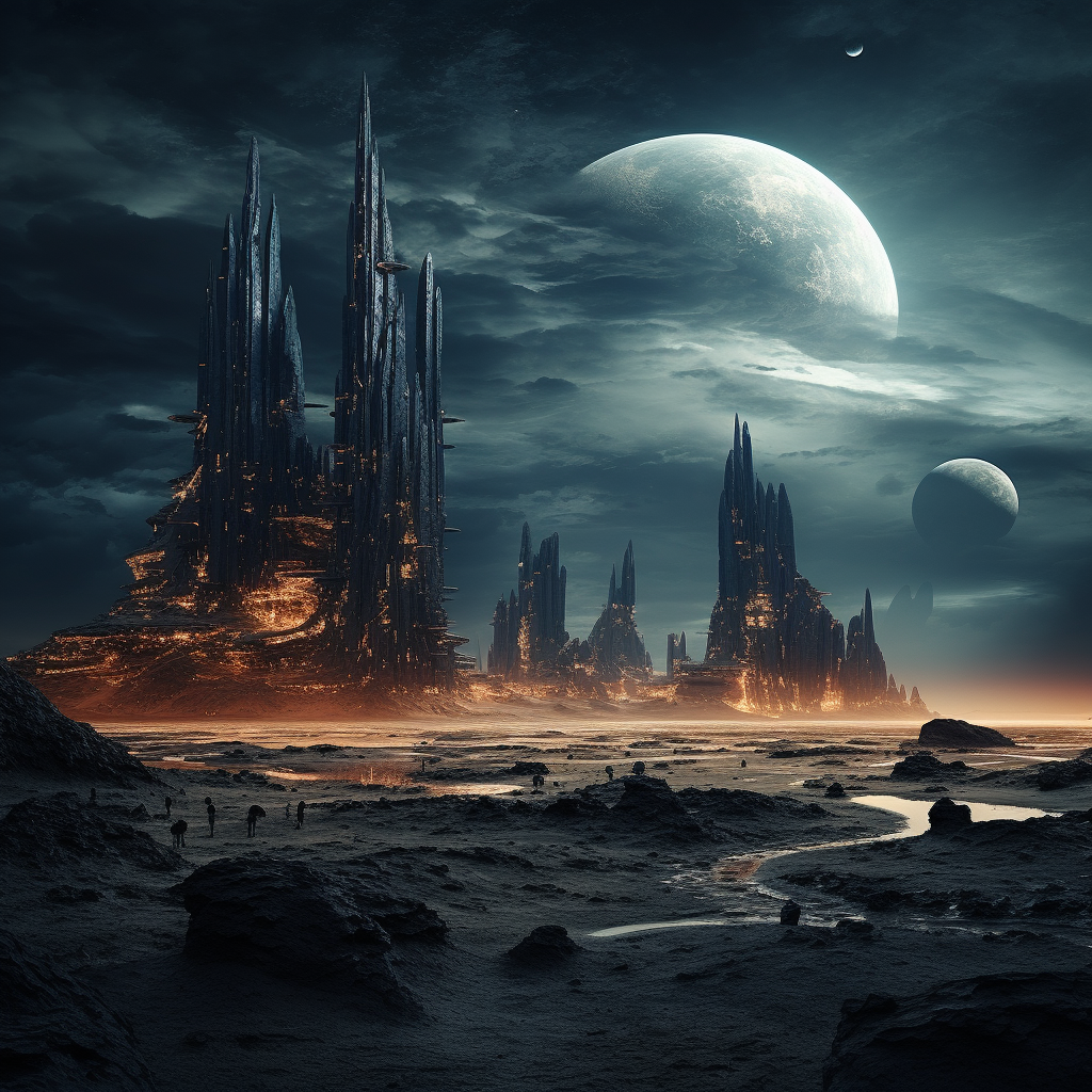 Alien world landscape with advanced civilization buildings